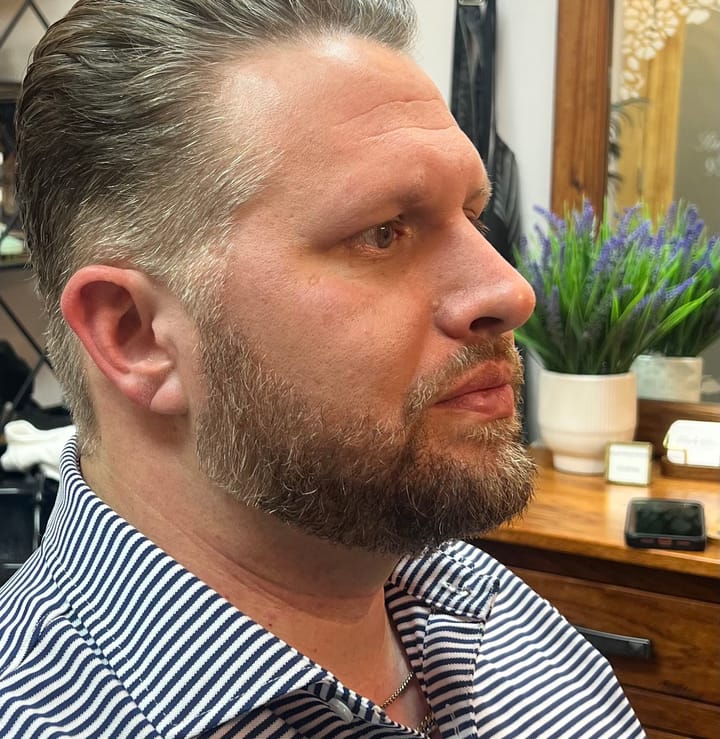 A beard lined up by Sara Jane, side profile